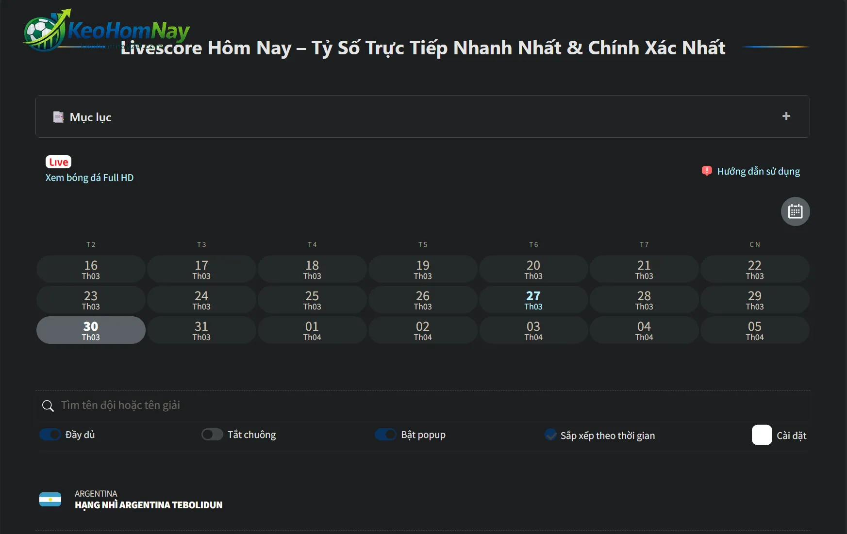 Trải nghiệm xem lịch thi đấu trên điện thoại vào ban đêm