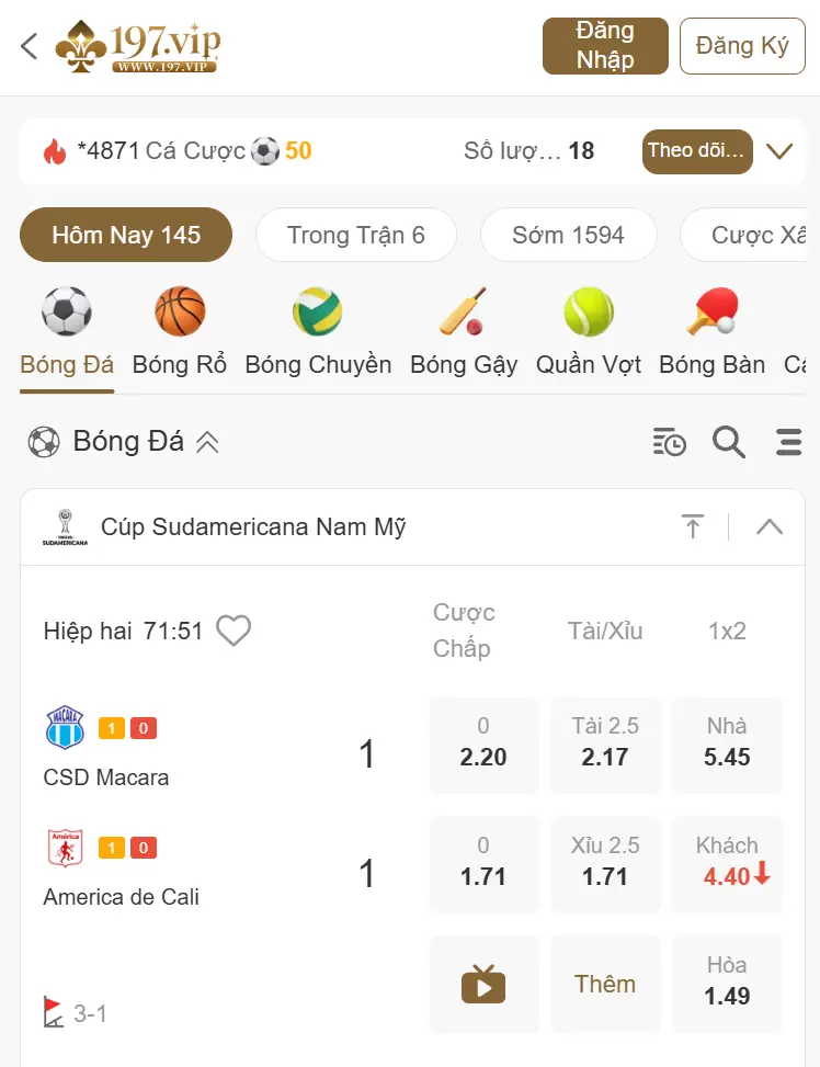 Bảng tỷ lệ thể thao hiển thị rõ ràng trên nền tảng
